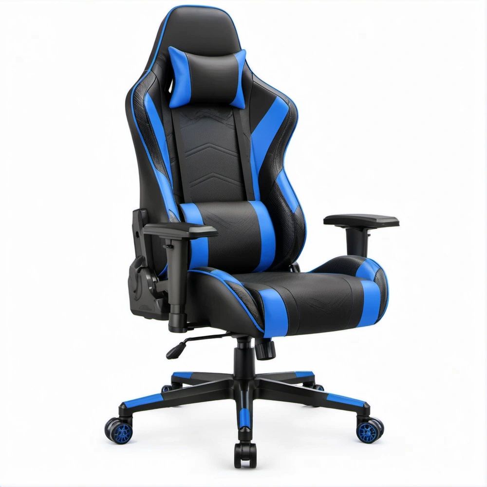 Obrotowy fotel gamingowy czarno-niebieski z podnóżkiem 66 × 66 × 125–135 cm