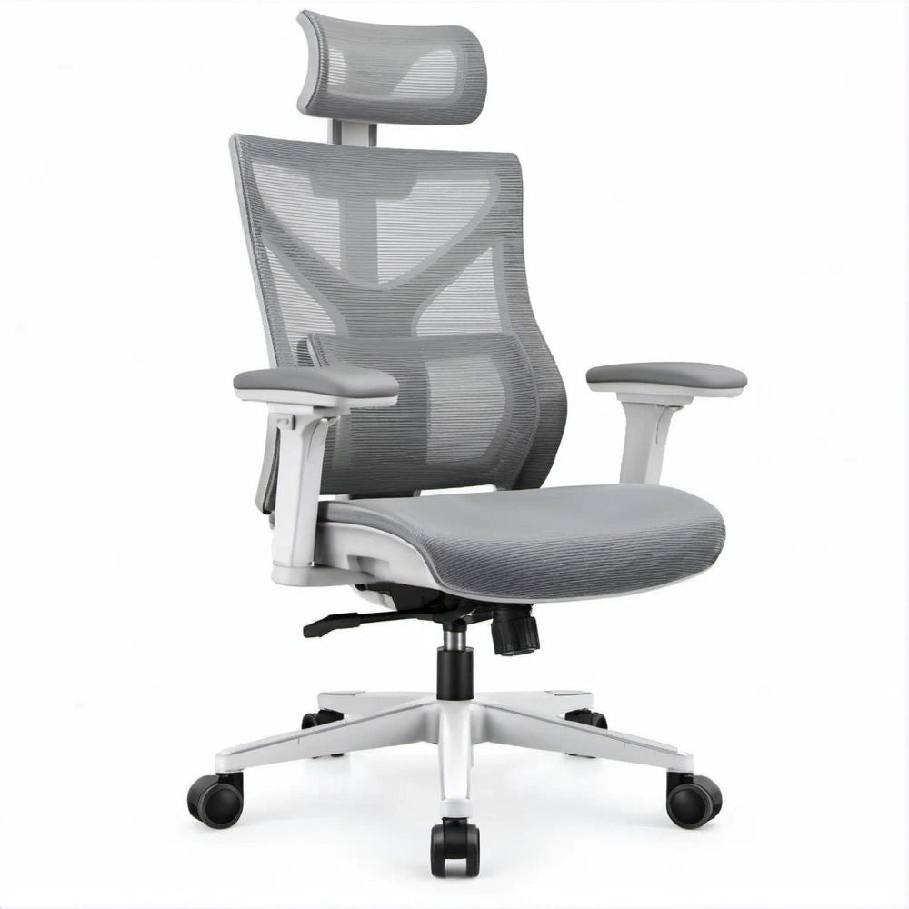 Ergonomiczny obrotowy fotel biurowy z regulowanym zagłówkiem, szary, 65 x 65 x 118–128 cm