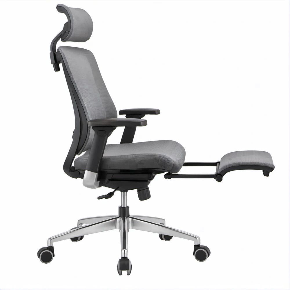 Ergonomiczny fotel obrotowy z podnóżkiem, szary/czarny, 66 × 66 × 118–128 cm
