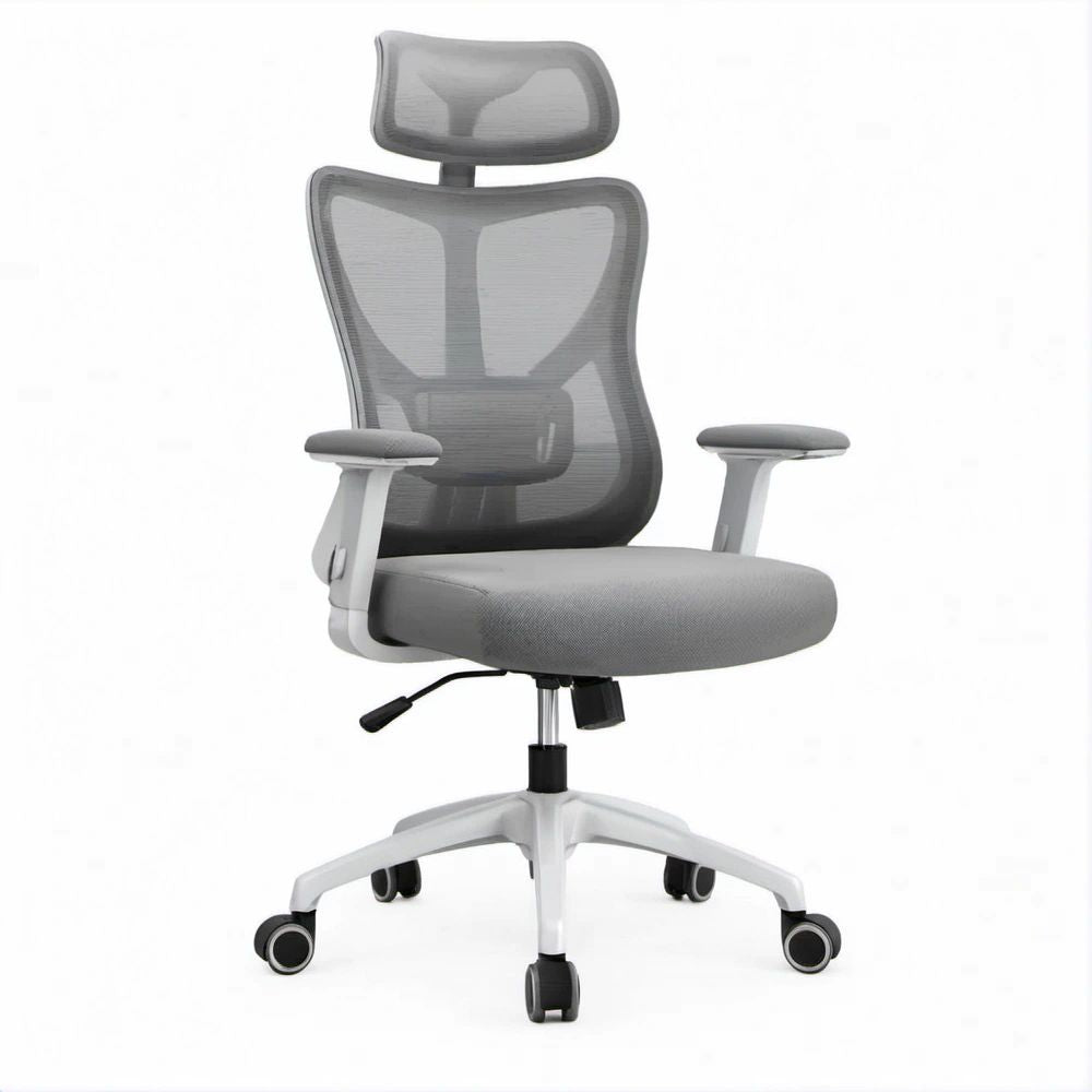 Ergonomiczne obrotowe krzesło biurowe z zagłówkiem, siatką i podparciem lędźwiowym, szaro-białe, 64 x 64 x 118–128 cm
