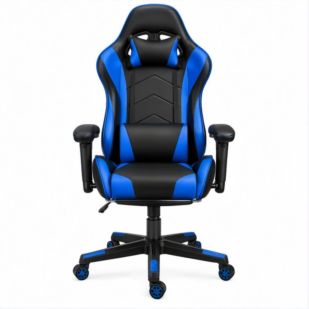 Ergonomiczny fotel gamingowy obrotowy czarno-niebieski z ekoskóry PU, 65 × 65 × 122–132 cm