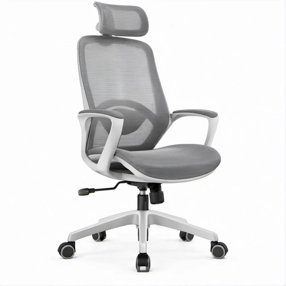 Ergonomiczne krzesło biurowe obrotowe z siatkowym oparciem i zagłówkiem, szaro-białe, 64 x 64 x 117–127 cm